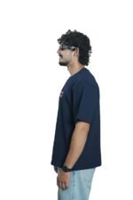 Men's French Terry & Cotton Blend Baggy Oversized Graphic Printed T-Shirt | Navy Blue - Image 3
