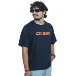 Men's French Terry & Cotton Blend Baggy Oversized Graphic Printed T-Shirt | Navy Blue