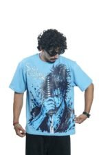 Men's French Terry & Cotton Blend Baggy Boxy Fit Oversized Printed T-Shirt | Sky Blue - Image 2