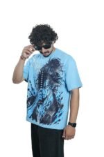 Men's French Terry & Cotton Blend Baggy Boxy Fit Oversized Printed T-Shirt | Sky Blue - Image 3