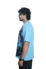 Men's French Terry & Cotton Blend Baggy Boxy Fit Oversized Printed T-Shirt | Sky Blue - Image 4