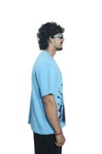 Men's French Terry & Cotton Blend Baggy Boxy Fit Oversized Printed T-Shirt | Sky Blue - Image 5