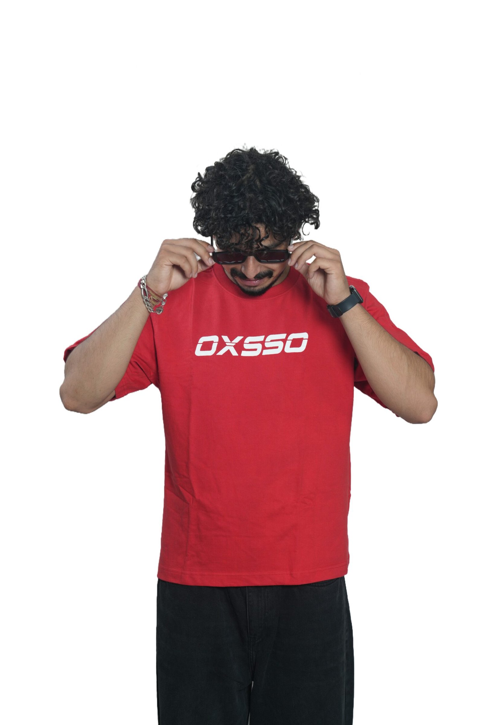 Red Oxsso Men's French Terry & Cotton Blend Baggy Boxy Fit Oversized T-Shirt | Red - Image 1