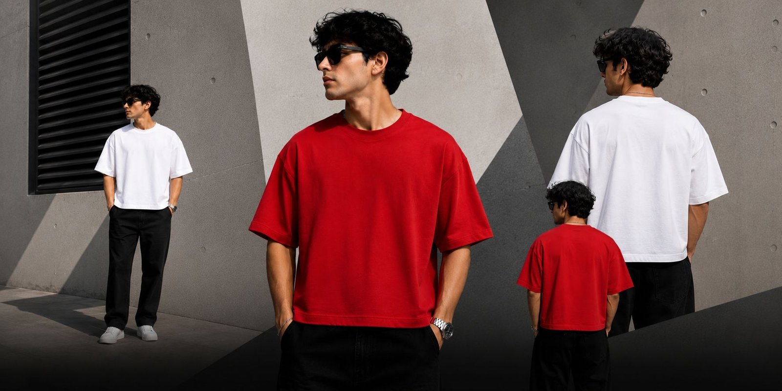 Models wearing OXSSO oversized heavyweight t-shirts in red and white