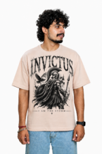 Men's French Terry & Cotton Blend Baggy Oversized Graphic Printed T-Shirt | Beige