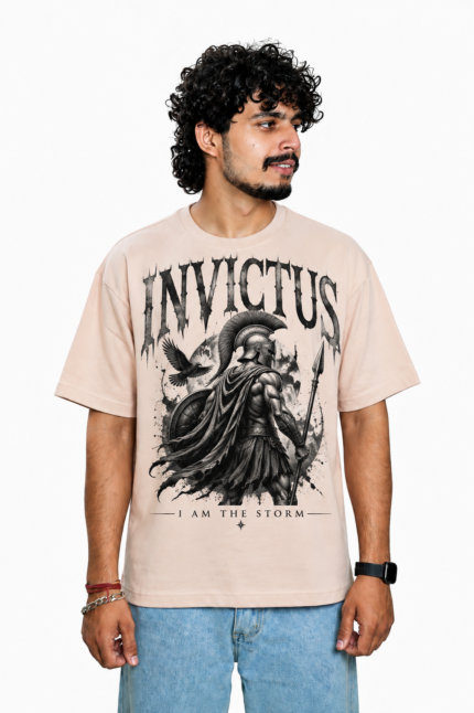 Men's French Terry & Cotton Blend Baggy Oversized Graphic Printed T-Shirt | Beige