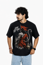 Men's French Terry Baggy Oversized Graphic T-Shirt | Black (Jai Shree Ram)