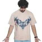 Men's French Terry & Cotton Blend Baggy Oversized Graphic Printed T-Shirt | Beige