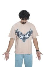 Men's French Terry & Cotton Blend Baggy Oversized Graphic Printed T-Shirt | Beige