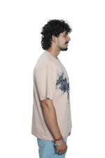 Men's French Terry & Cotton Blend Baggy Oversized Graphic Printed T-Shirt | Beige - Image 3