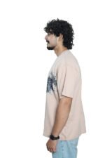 Men's French Terry & Cotton Blend Baggy Oversized Graphic Printed T-Shirt | Beige - Image 4