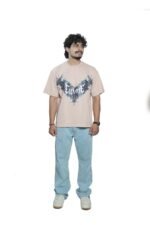 Men's French Terry & Cotton Blend Baggy Oversized Graphic Printed T-Shirt | Beige - Image 5