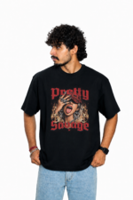 Men's French Terry & Cotton Blend Baggy Oversized Graphic Printed T-Shirt | Black