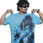 Men's French Terry & Cotton Blend Baggy Boxy Fit Oversized Printed T-Shirt | Sky Blue