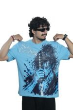 Men's French Terry & Cotton Blend Baggy Boxy Fit Oversized Printed T-Shirt | Sky Blue