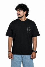 Men's French Terry & Cotton Blend Baggy Oversized Graphic Printed T-Shirt | Black